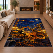 Construction Site at Night Rug in a living room with a fireplace