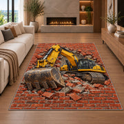 Excavator Brick Wall Rug in a living room with a fireplace