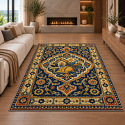Persian Style Construction Rug in a living room with a fireplace