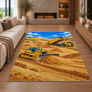 Bulldozer Dump Truck Rug in a living room with a fireplace