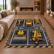 Construction Vehicle Parking Rug in a living room with a fireplace