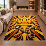 Hard Hat Sunburst Rug in a living room with a fireplace