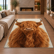 Highland Cow Portrait Rug in a living room with a fireplace