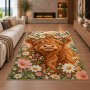 Highland Cow Flower Crown Rug in a living room with a fireplace