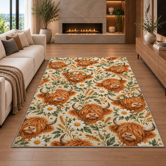 Highland Cow Pattern Rug in a living room with a fireplace