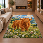 Highland Cow Mountain Meadow Rug in a living room with a fireplace