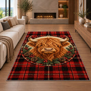 Highland Cow Tartan Plaid Rug in a living room with a fireplace