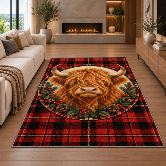 Highland Cow Tartan Plaid Rug in a living room with a fireplace
