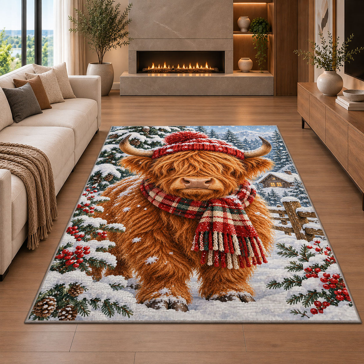 Highland Cow Winter Rug in a living room with a fireplace