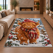Highland Cow Winter Rug in a living room with a fireplace