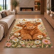 Baby Highland Cow Nursery Rug in a living room with a fireplace