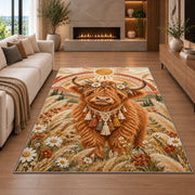 Boho Highland Cow Rug in a living room with a fireplace