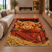 Highland Cow Barn Door Rug in a living room with a fireplace