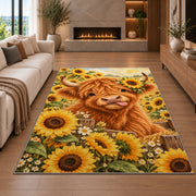 Highland Cow Sunflower Rug in a living room with a fireplace