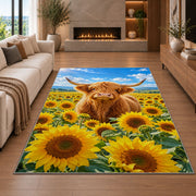 Highland Cow Sunflower Field Rug in a living room with a fireplace