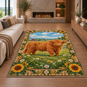 Highland Cow Farm Scene Rug in a living room with a fireplace