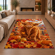 Highland Cow Autumn Rug in a living room with a fireplace