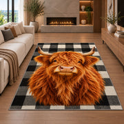 Highland Cow Buffalo Check Rug in a living room with a fireplace