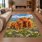 Highland Cow Mom and Calf Rug in a living room with a fireplace
