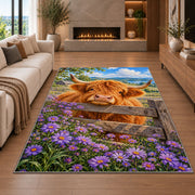 Highland Cow Fence Rug in a living room with a fireplace