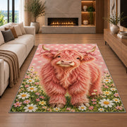 Pink Highland Cow Rug in a living room with a fireplace