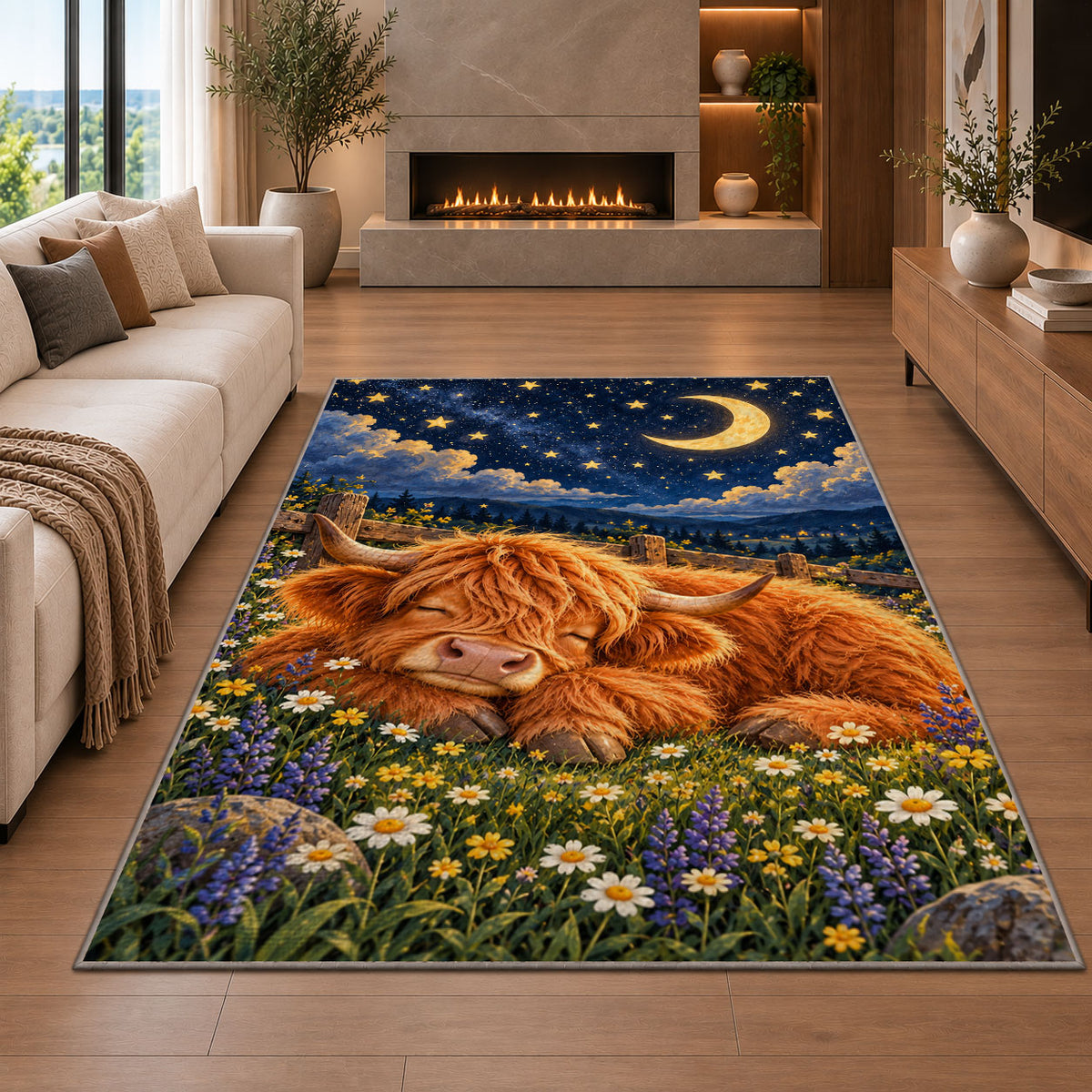 Sleeping Highland Cow Rug in a living room with a fireplace