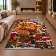 Christmas Highland Cow Rug in a living room with a fireplace