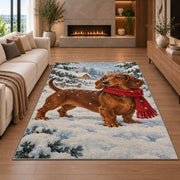 Dachshund Winter Rug in a living room with a fireplace