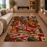 Christmas Dachshund Rug in a living room with a fireplace