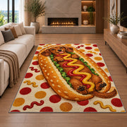 Hot Dog Dachshund Rug in a living room with a fireplace