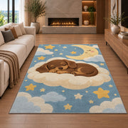 Sleeping Dachshund Puppy Rug in a living room with a fireplace