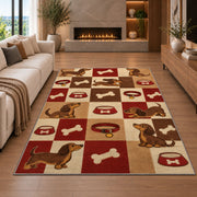 Dachshund Checkered Rug in a living room with a fireplace