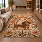 Boho Dachshund Rainbow Rug in a living room with a fireplace
