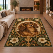 Vintage Dachshund Portrait Rug in a living room with a fireplace