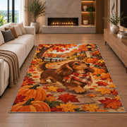 Autumn Dachshund Rug in a living room with a fireplace