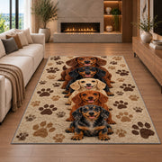 Dachshund Family Rug in a living room with a fireplace