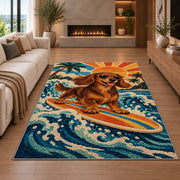 Surfing Dachshund Rug in a living room with a fireplace