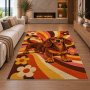Retro Dachshund Rug in a living room with a fireplace