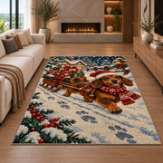 Santa Dachshund Rug in a living room with a fireplace