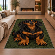 Black and Tan Dachshund Rug in a living room with a fireplace
