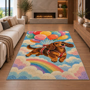 Dachshund Balloons Rug in a living room with a fireplace