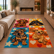 Pop Art Dachshund Rug in a living room with a fireplace