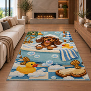 Bath Time Dachshund Rug in a living room with a fireplace