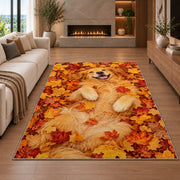 Golden Retriever in Autumn Leaves rug in a living room with a fireplace