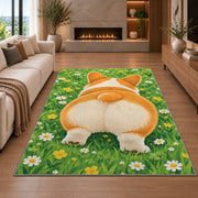 Corgi Butt Welcome rug in a living room with a fireplace