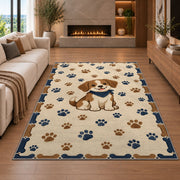 Puppy with Paw Prints and Bones rug in a living room with a fireplace