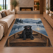 Black Lab in Rowboat rug in a living room with a fireplace