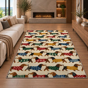 Dachshund Parade in Sweaters rug in a living room with a fireplace