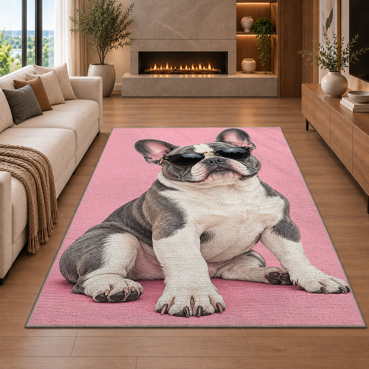 French Bulldog in Sunglasses rug in a living room with a fireplace