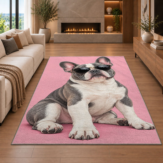 French Bulldog in Sunglasses rug in a living room with a fireplace
